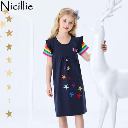 Nicillie Dress Girls Cotton Dress Baby Girls Butterfly Star Dresses Children Vestidos Kids Summer Dress for 2-8 Years