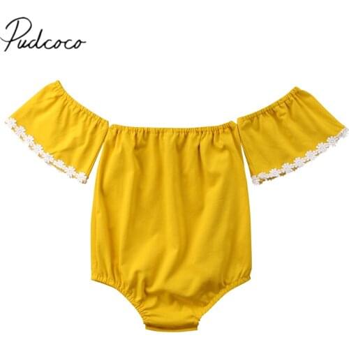 2018 Brand New Infant Toddler Newborn Baby Girl Halter Bodysuit Off Shoulder Jumpsuit Lace Flower Sunsuit Outfits Solid Clothes