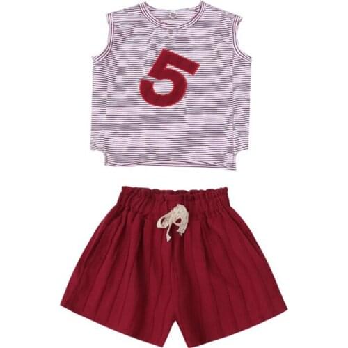 Girl summer new fashion suit Girls sleeveless T-shirt shorts two-piece suit Girl striped t-shirt shorts suit Girl comfort suit