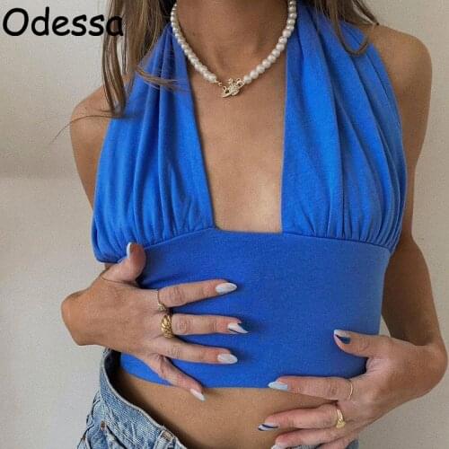 Odessa Summer Sleeveless Halter Crop Top Sexy Blue Pink Patchwork Y2K Backless Party Women Off Shoulder V Neck Casual Tank Tops