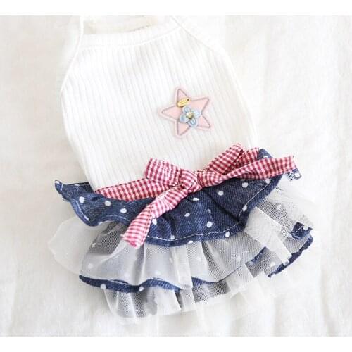 Lace Bow Striped Grid Dog Dress Pet Products Summer 100% Cotton Clothing For Dogs Chihuahua Teddy Pet Puppy Dog Clothes 2020