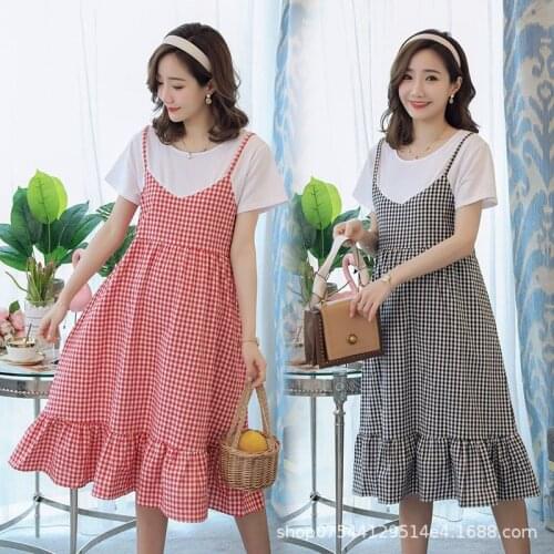 Maternity Dress Summer Short-Sleeved Mid-Length Plaid Fake Two-Piece Loose Plus Size Korean Maternity Skirt Summer Dress