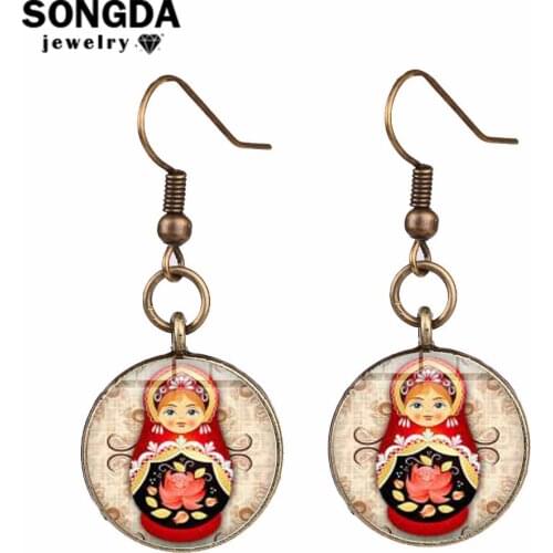 SONGDA Retro Traditional Russian Doll Fish Hook Earrings Matryoshka Cartoon Folk Art Pattern Glass Cabochon Dangle Earrings Gift