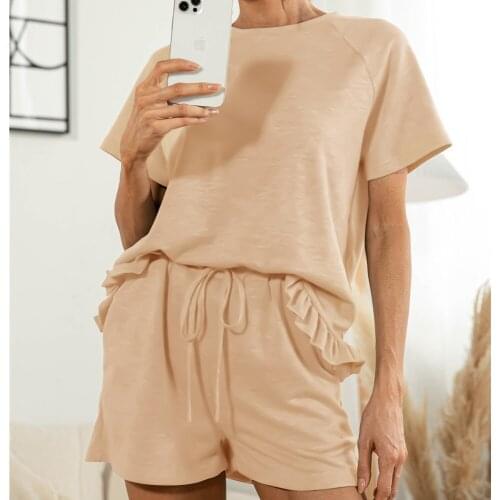 Sport Set Women Casual Summer O Neck Tops Ruffles Hem Home Female Solid Color Loose Wide-legs Shorts Tee T-shirts Set 2021 New