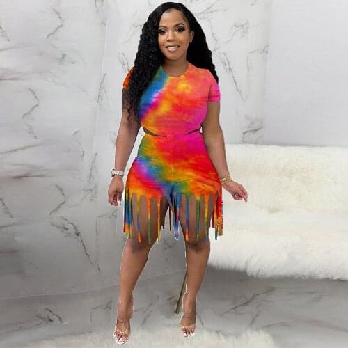 Gradient Tie Dye Tassels Spliced Two Piece Biker Short Women Short Sleeve Crop Top and Beach Short Summer Casual Two Piece Set