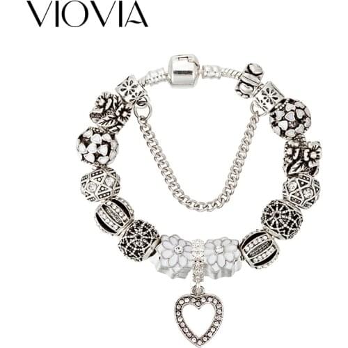VIOVIA 2019 Fashion Flower Charm Bracelets & Bangle Accessories for Jewelry DIY Rhinestone Heart Bead Bracelet For Women B17030