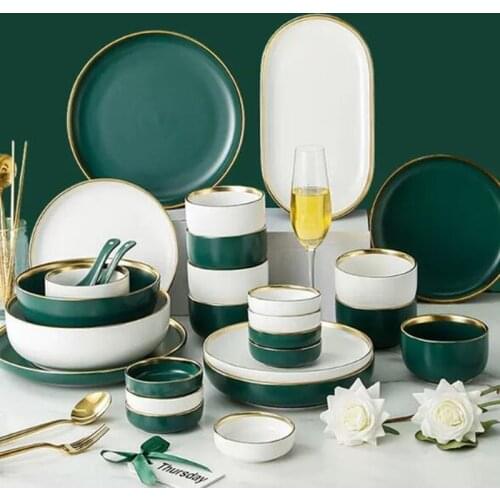 Green White Ceramic Gold Inlay Plate Steak Food Plate Nordic Style Tableware Bowl Ins Dinner Dish High End Porcelain Dinnerware