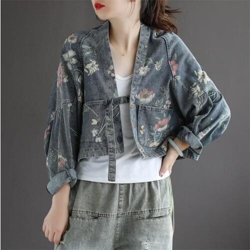Johnature Women Denim Short Jacket V-Neck Long Sleeve Button Print Floral Loose Clothing 2021 Autumn New Vintage Patchwork Coats