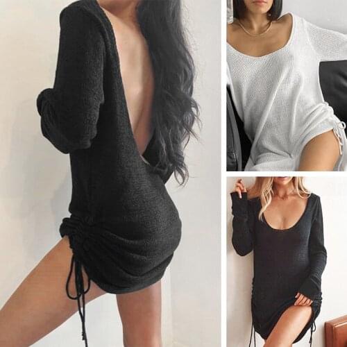 Women Solid Knitted Long Sleeve Dress Backless Loose O Neck Sexy Club Women Black Autumn Drawstring Ladies Mini Party Dresses XL