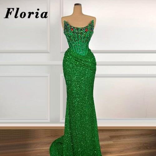Dubai Green Glitter Party Dresses Arabic Beaded Evening Prom Gowns 2020 Middle East Strapless Long Vestido De Festa Party Dress