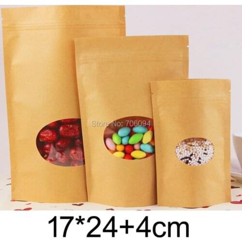 17*24+4cm,100PCS Wholesale StandUp Blank brown Zipper Kraft bag,Oval Window Kraft paper bag for Candy/Coffee/Tea/gift