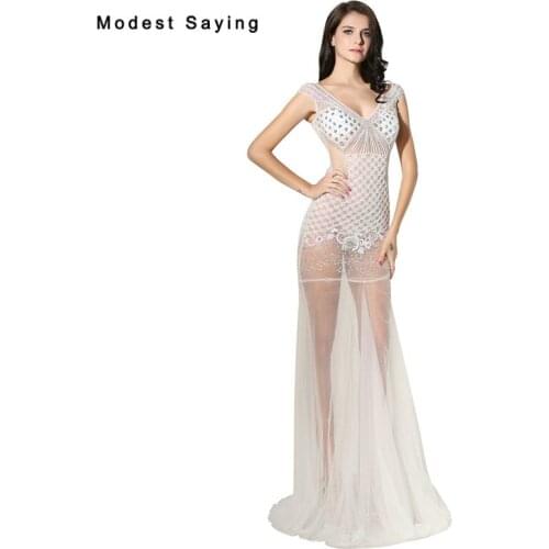 2018 New Fashion Sexy See Through Evening Dresses with Beading Luxury Long Evening Gowns Mermaid Party Prom Gowns robe de soiree