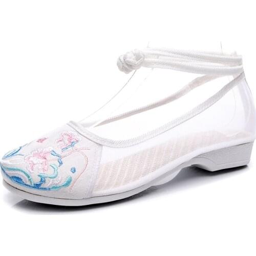 Retro Ankle Strap Summer Ladies Gauze Hanfu Ballet Flat Shoes Cotton Embroidered Women Breathable Casual Costume Flats