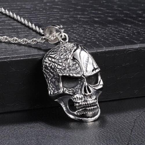 Large Vintage Stainless Steel Gothic Biker Skull Skeleton Pendant Necklace 22" Rope Chain for Men Gifts