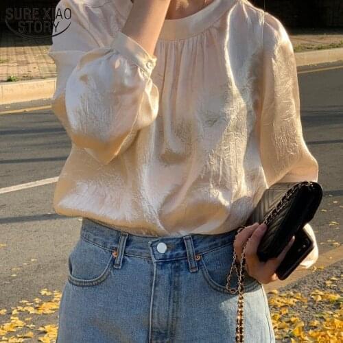 Elegant O-Neck Joker Shiny Pleated Women Shirt Vintage Long Sleeve Blouse Women Fashion Tops Apricot Chic Korean Clothes 12636