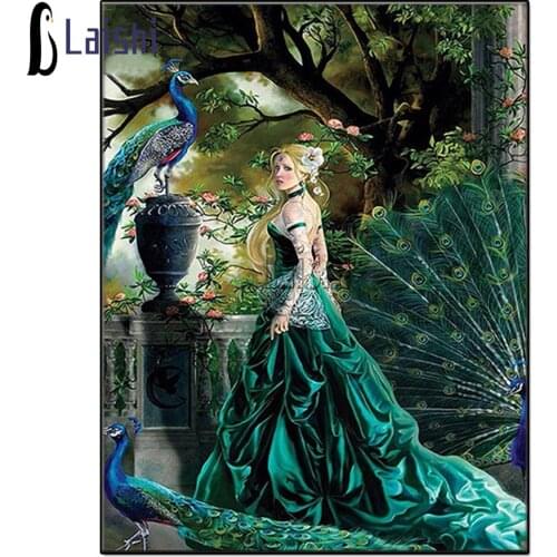 Full Drill Square Diamond Painting 5d Picture Art Green Dress Woman and Peacock Diamond Painting Mosaic Embroidery home decor