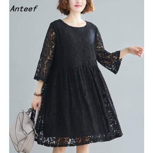 Plus size lace vintage dresses for women casual loose midi woman spring summer sun dress elegant clothes 2021 sundress