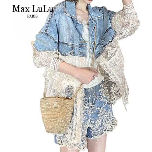 Max LuLu 2021 Korean Summer Fashion Women Lace Spliced Denim Jackets Ladies Vintage Loose Zippers Coats Casual Clothes Plus Size