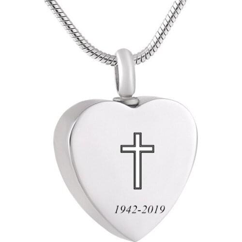 LHP227 Plain Cross Engraved Stainless Steel Cremation Jewelry Heart Urn-Custom Date/Name Human Memorial Ashes Jewellery