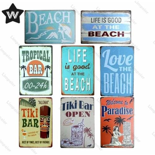Tiki Bar Metal Decor Tin Sign Beach Metal Sign Tin Plate Hawaiian Vintage Wall Stickers Retro Tin Plaque for Club Man Cave Decor