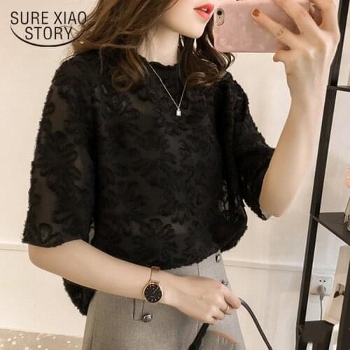 Fashion Short Sleeve Blouse Hollow Out Loose Solid Color Bottoming Shirt Women Blouses Korean Version Lace Chiffon Shirt 9308 50