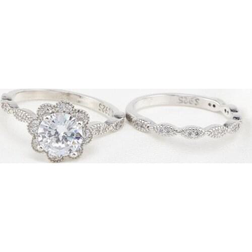 Fashion Flower Lace Rings Set With Eight Hearts Eight Arrows Dazzling Zircon Dainty Luxury 2pcs Jewelry For Women Wedding Party