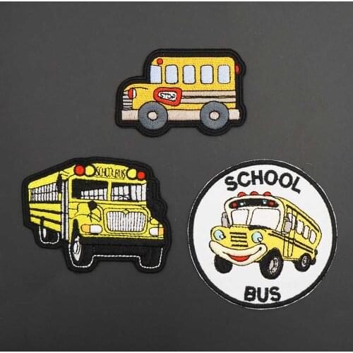 Cartoon School Bus Iron On backing Embroidered Clothes Patches For Clothing Jeans Backpacks Garment Wholesale