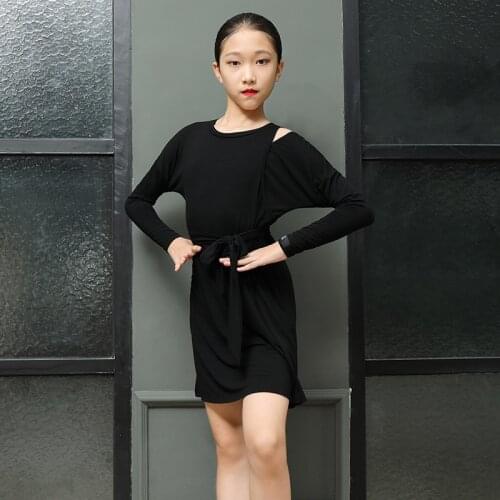 New Latin Dance Practice Clothes Kids Long Sleeve Black/Blue Professional Training Dress Modern Rumba Tango Dance Costume VO1514