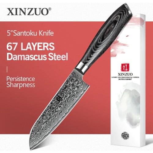 XINZUO 5"inch Japan Chef Knife VG10 67 Layers Damascus Stainles Kitchen Knives Chef Santoku Knife Forged Steel Pakka Wood Handle