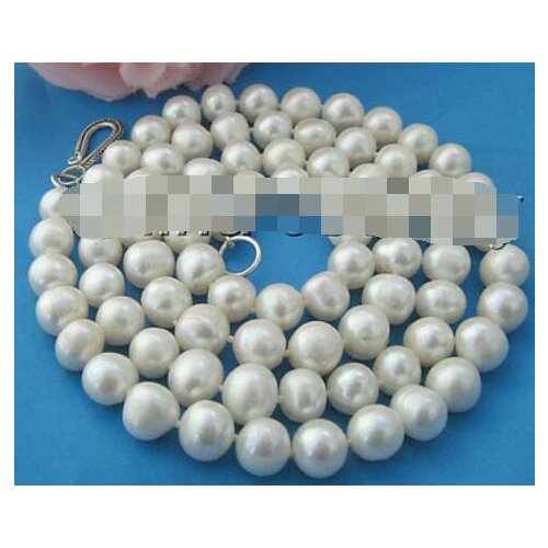 P1537-32" 9-10mm natural white round freshwater pearl necklace - 925 silver clasp