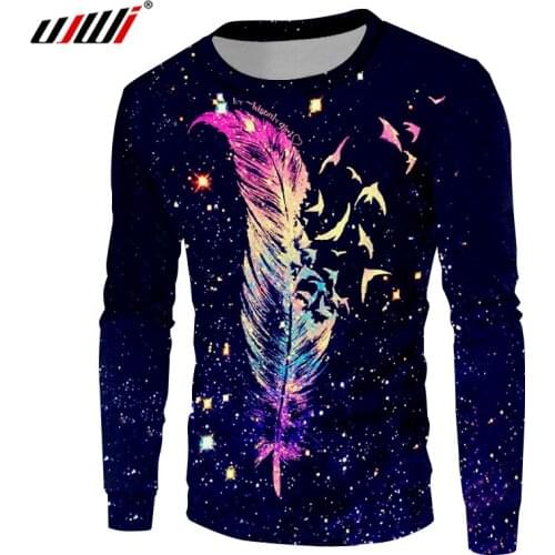 UJWI Mens Casual Sweatshirts Cool 3D Print Galaxy Space Hoodies Color Feather Hoody Autumn Winter Long Sleeve Crewneck Pullover
