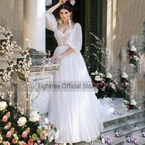 Eightree Vintage Summer Wedding Dresses 2021 Puff Sleeve Bride Dress Women Backless Wedding Gowns A Line Sweep Train Mariage
