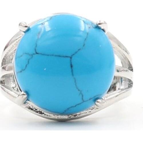 YJXP Adjustable Engagement Rings For Anniversary Party Gift Trendy Silver Plated Round Blue Turquoises Stone Charms Jewelry