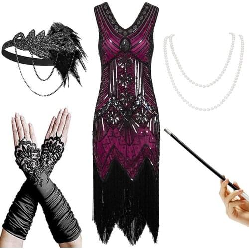 Womens Pluse Size 1920s Gatsby Sequin Beaded Fringed Flapper Dress with 20s Accessories Set 3 pc Headband / Shawl / Dress