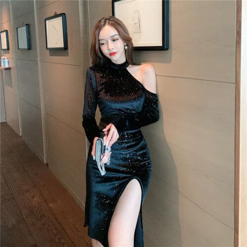Real Shot 2020 Autumn And Winter New Temperament Sexy Ladies Strapless Split Long Sleeve Gold Velvet Dress