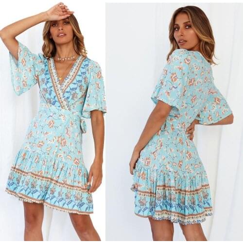 2021Spring new European and American style womens clothingVCollar printed short sleeve dress