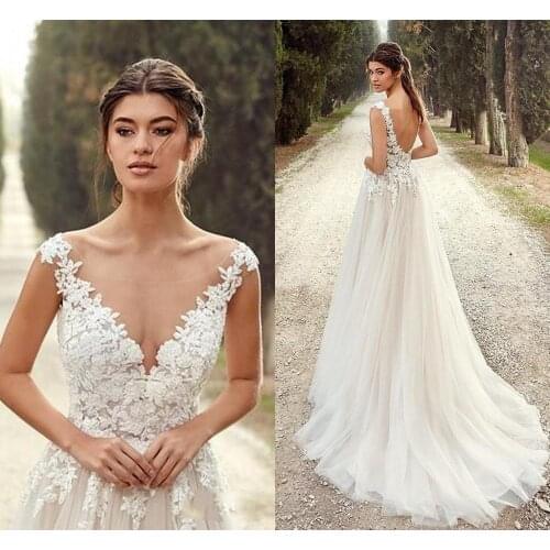 Simple Design Summer Garden Beach Wedding Dresses 2021 A Line V Neck Cap Sleeve Low Backless Long Bridal Gowns Cheap Boho