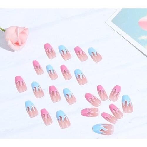 European Square Flame Fake Nails Design Blue Purple Fire Pattern Full Cover False Nails Artificial Nail Decal Art Tips