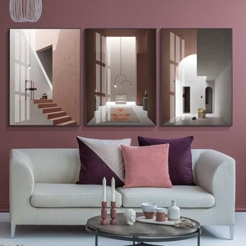 Abstract Modern Morandi Pink White Building Canvas Painting Poster Print Wall Art Pictures Gallery for Living Room Home Decor