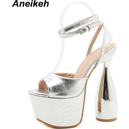 Aneikeh 2021 Summer Bling Buckle Strap Fashion Platform Ankle-Wrap Sandalias De Las MATURE PU Peep Toe Thin Heels New Size 35-40