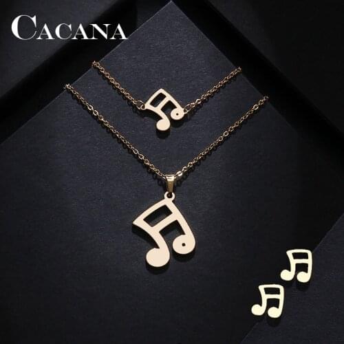 CACANA Stainless Steel Sets For Women Musical Notes Shape Necklace Bracelets Earrings For Women Lovers Engagement Jewelry