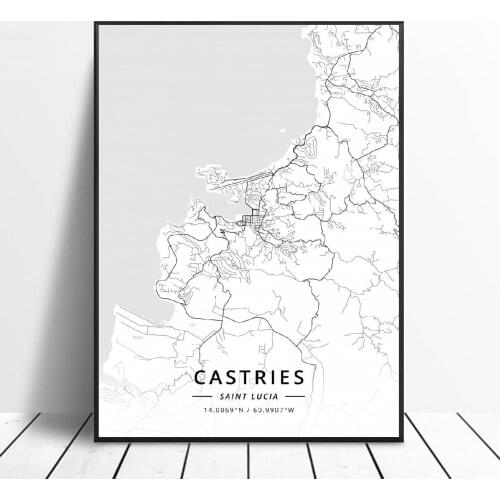 Black and White Castries Saint Lucia Latitude Longitude Canvas Art Map Poster