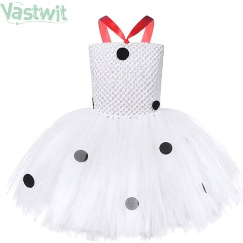 Kid Girls Dress Dalmatian Tutu Dress Set Flower Girl Dresses with Black Dot for Polka Birthday Party Halloween Prom Costume
