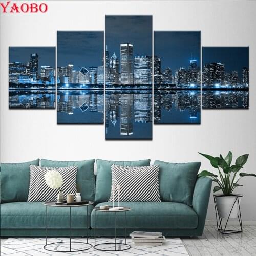 DIY 5D Diamond Embroidery City building night view Cross Stitch Diamond Painting Mosaic Kits Home Decorative 5pcs/set Needlework