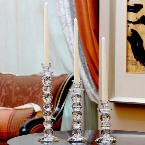Elegant European Style Clear Faced Beaded Crystal Stick Candle Holders Pair