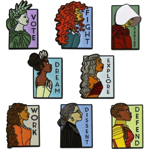 Cartoon Avatar Enamel Pins Women Resist Work Vote Fight Dream Defend Dissent Brooches on Backpack Cute Metal Badges for Clothes