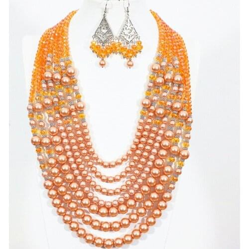 European anniversary women 7 rows necklace earrings orange round shell simulated-pearl crystal charms jewelry set B1301