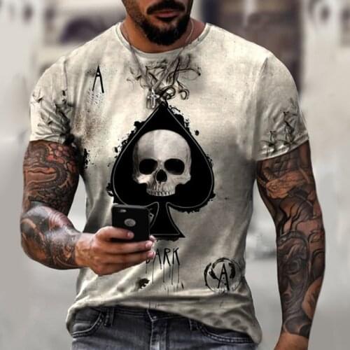 New Retro Mens T-shirt Poker A Skull Print Top T Shirt Men Summer Casual Short Sleeve Oversize Tshirt Men Clothing Streetwear