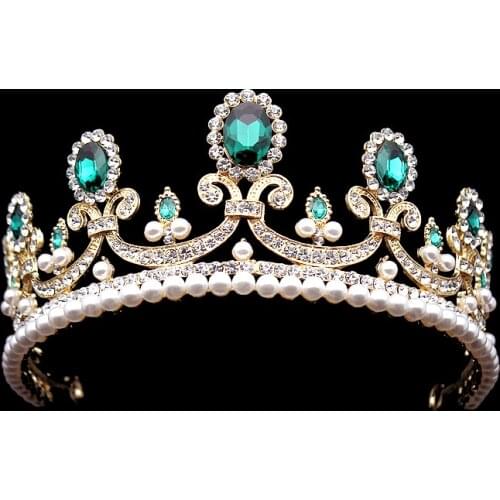 Classic Pearl Beauty Pageant Crowns Green Crystal Princess Tiara Rhinestone Pageant Wedding Hair Accessories Bridal Diadem
