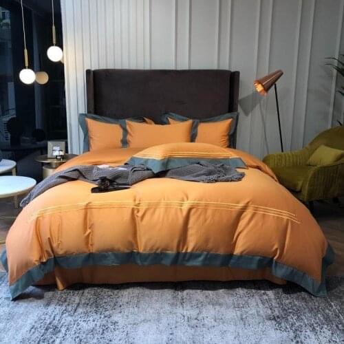 Hotel Stitch White Orange 800TC Egyptian Cotton Beddng set Embroidery Duvet Cover set Queen King size 4Pcs Bed Sheet Pillowcase